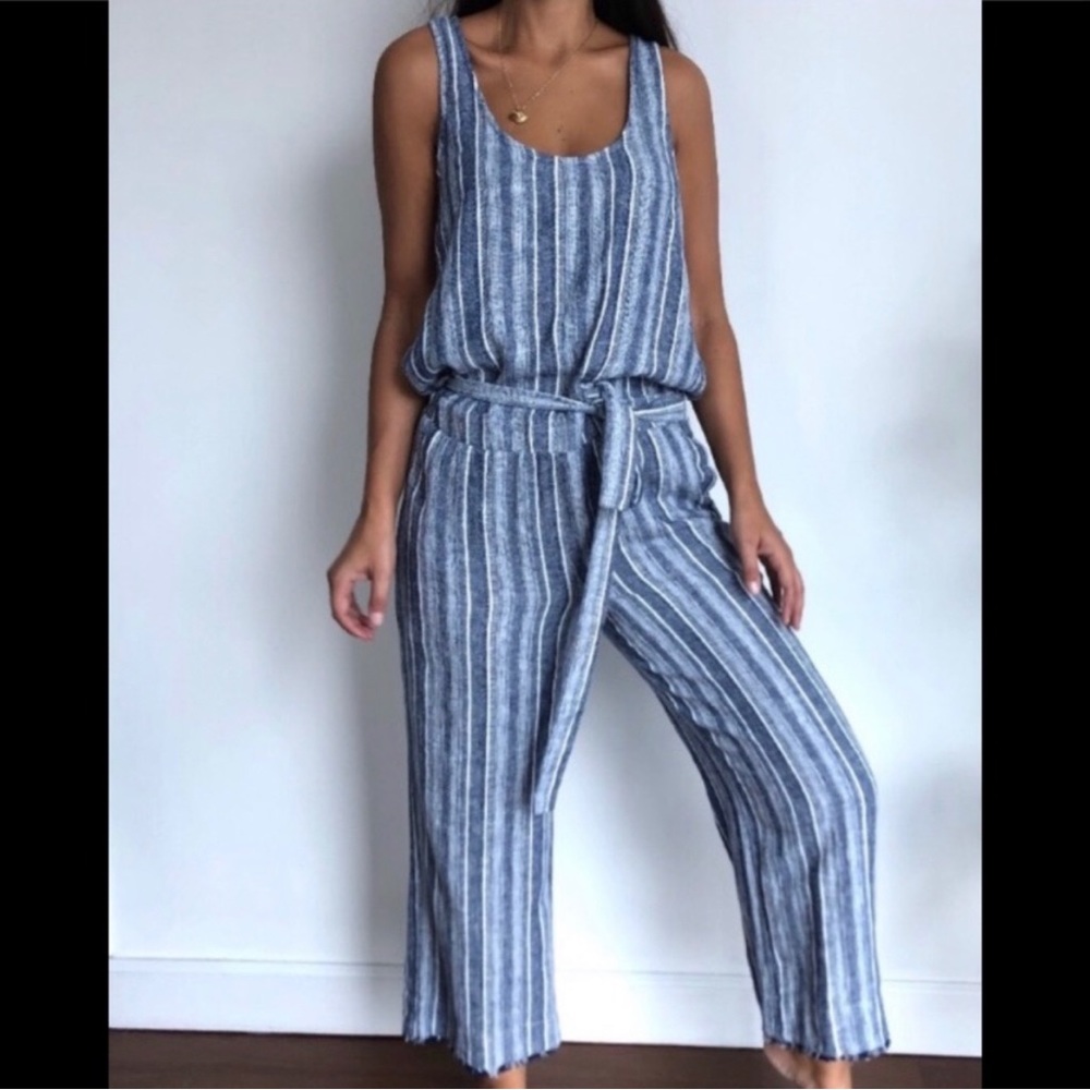 Stone & Cloth Jumpsuit Linen Striped Blue White M